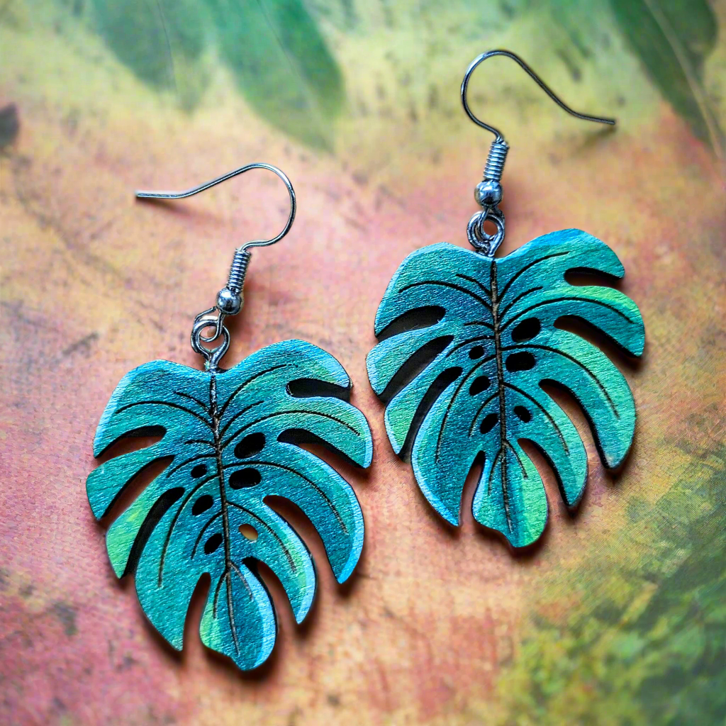 Hand-Painted Monstera Earrings