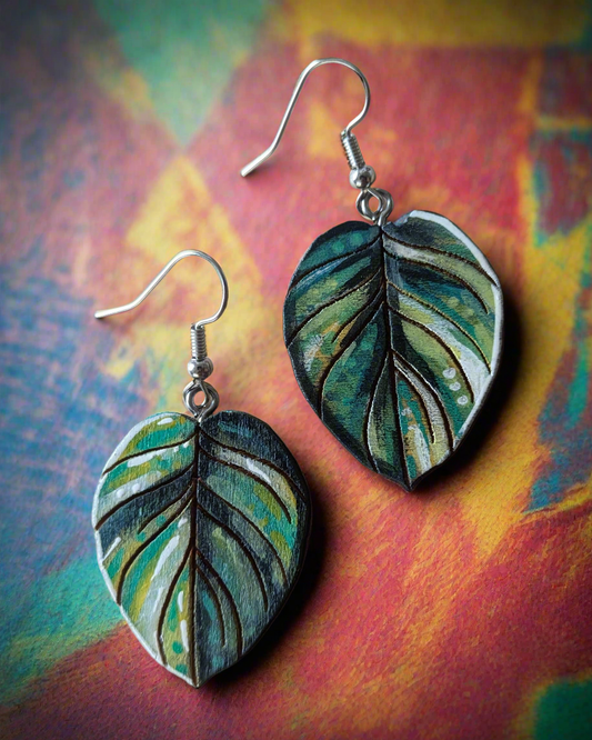 Verigated Philodendron Painted Earrings