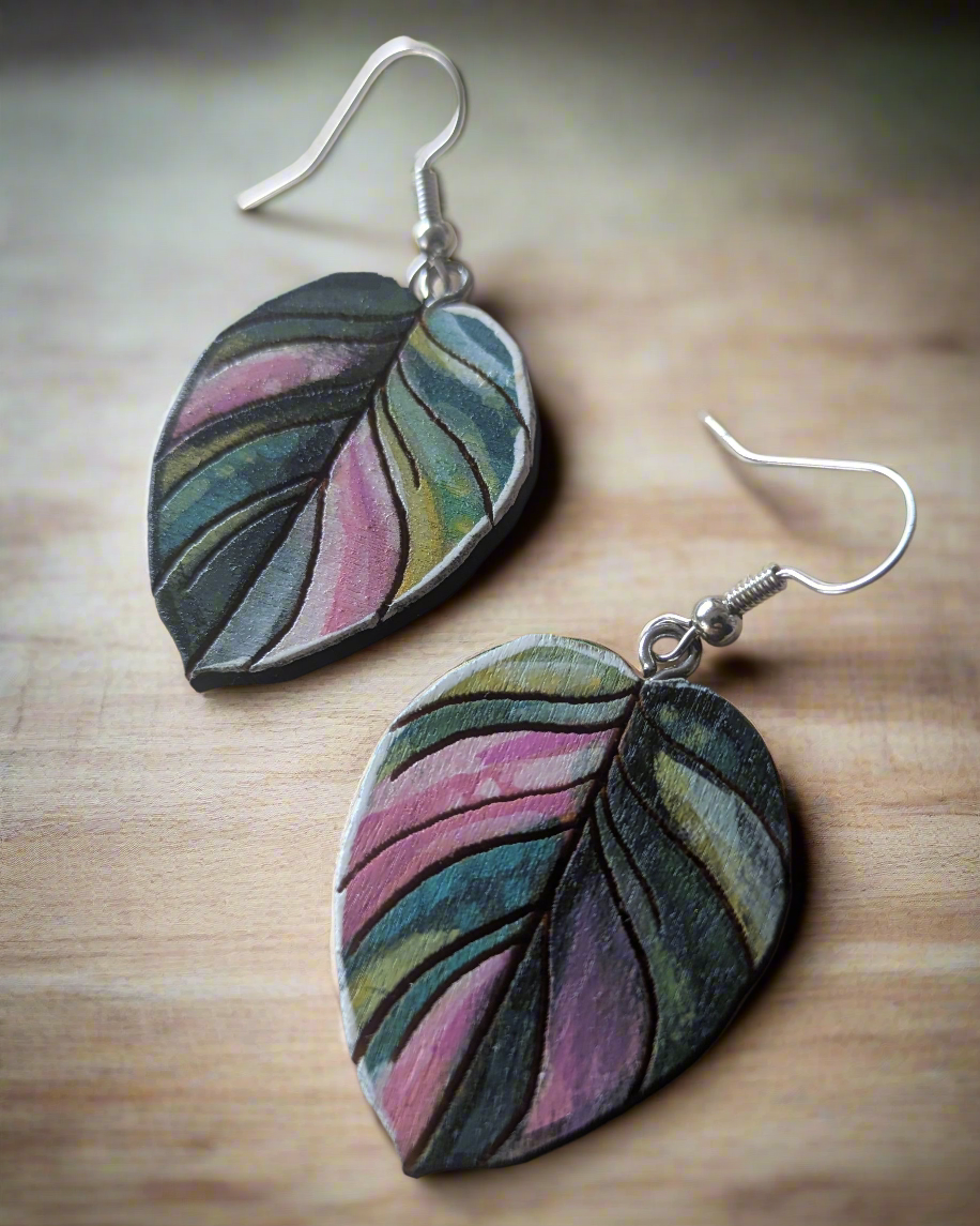 Pink Verigated Philodendron, hand painted Earrings,