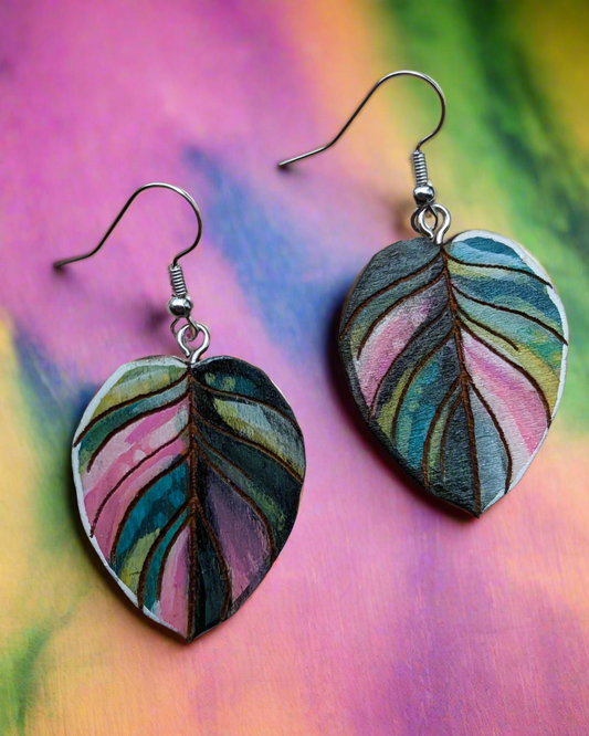 Pink Verigated Philodendron, hand painted Earrings,