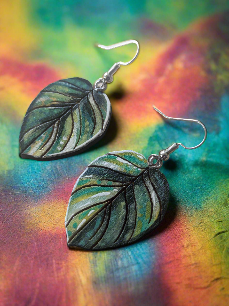 Verigated Philodendron Painted Earrings