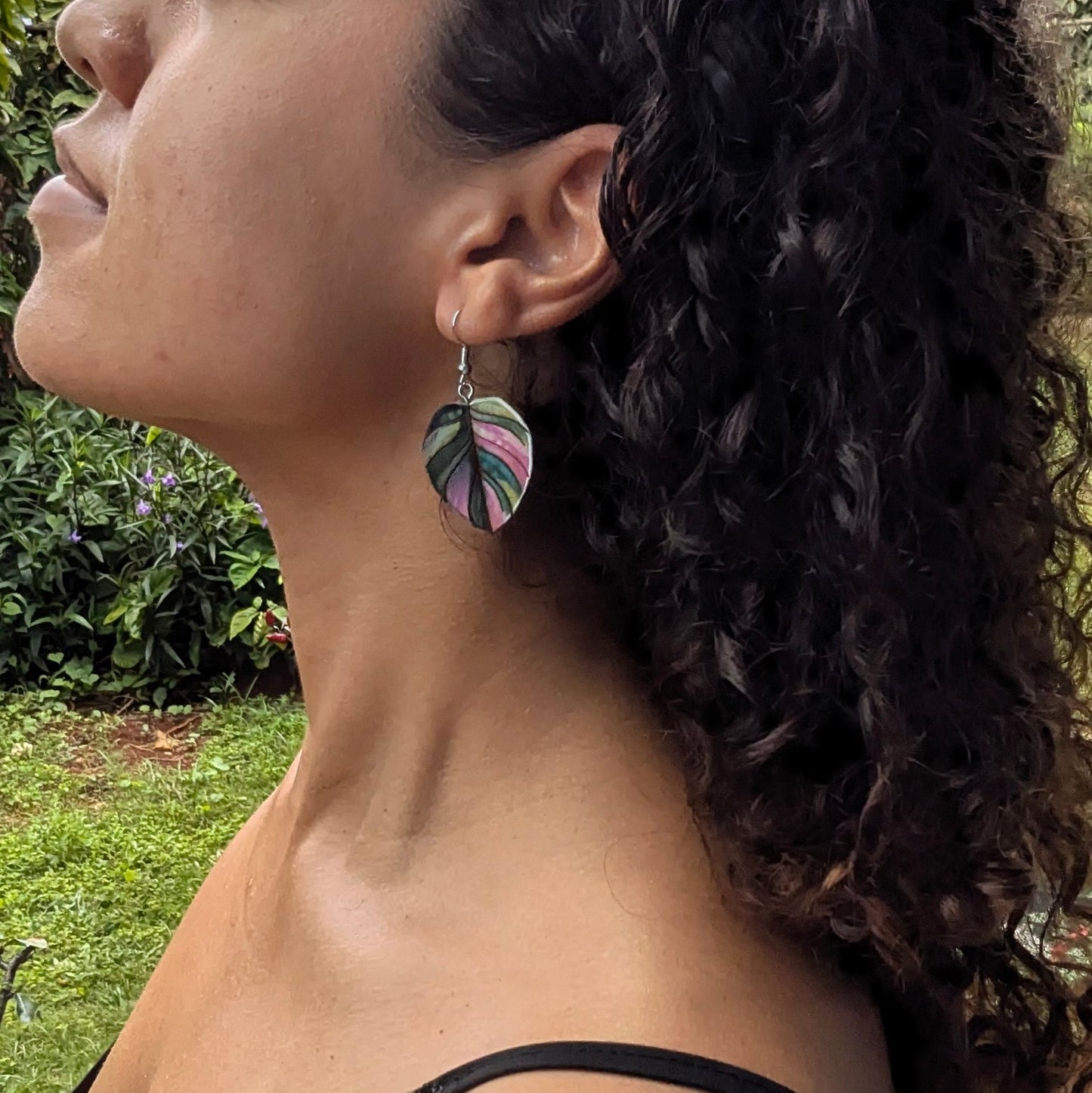 Pink Verigated Philodendron, hand painted Earrings,