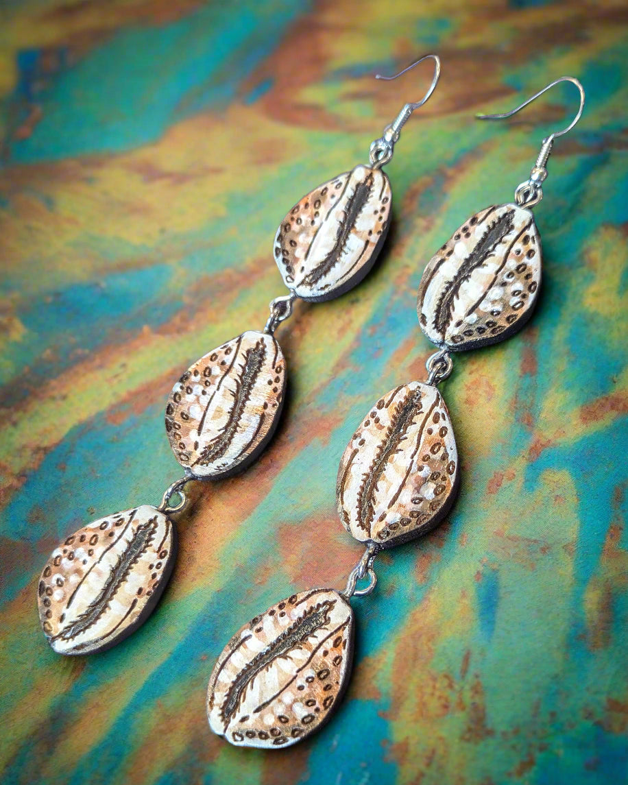 Hand-Painted, Cowrie Shell Earrings