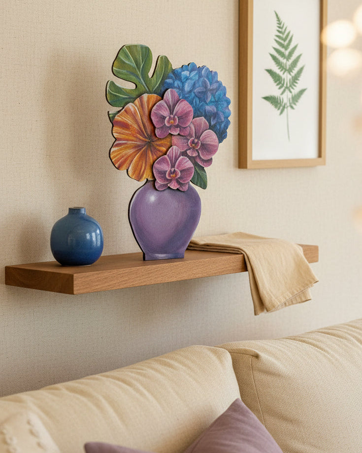 A colorful decorative floral arrangement in a purple vase, featuring purple orchids, a blue hydrangea, an orange hibiscus, green leaves, and a large monstera leaf, displayed on a wooden table in front of a beige sofa.