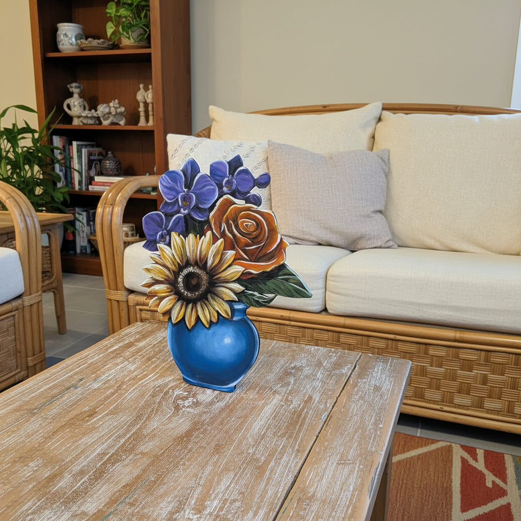 A decorative floral arrangement in a blue vase featuring a yellow sunflower, purple orchids, and an orange-brown rose, displayed on a wooden table in front of a beige cushioned wicker sofa.
